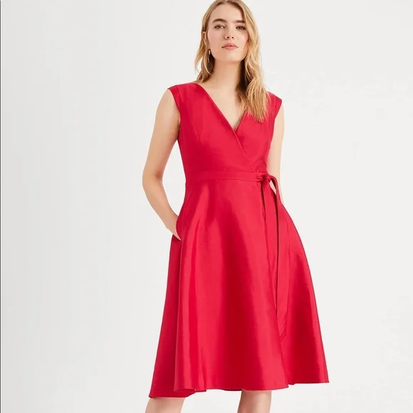 slim fit dress slacks Happy Clothing Leslie Fit and Flare Crossover Mesh Taffeta Midi Dress